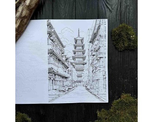 Розмальовка в японському стилі Anime Coloring Book з самураями та японськими пейзажами